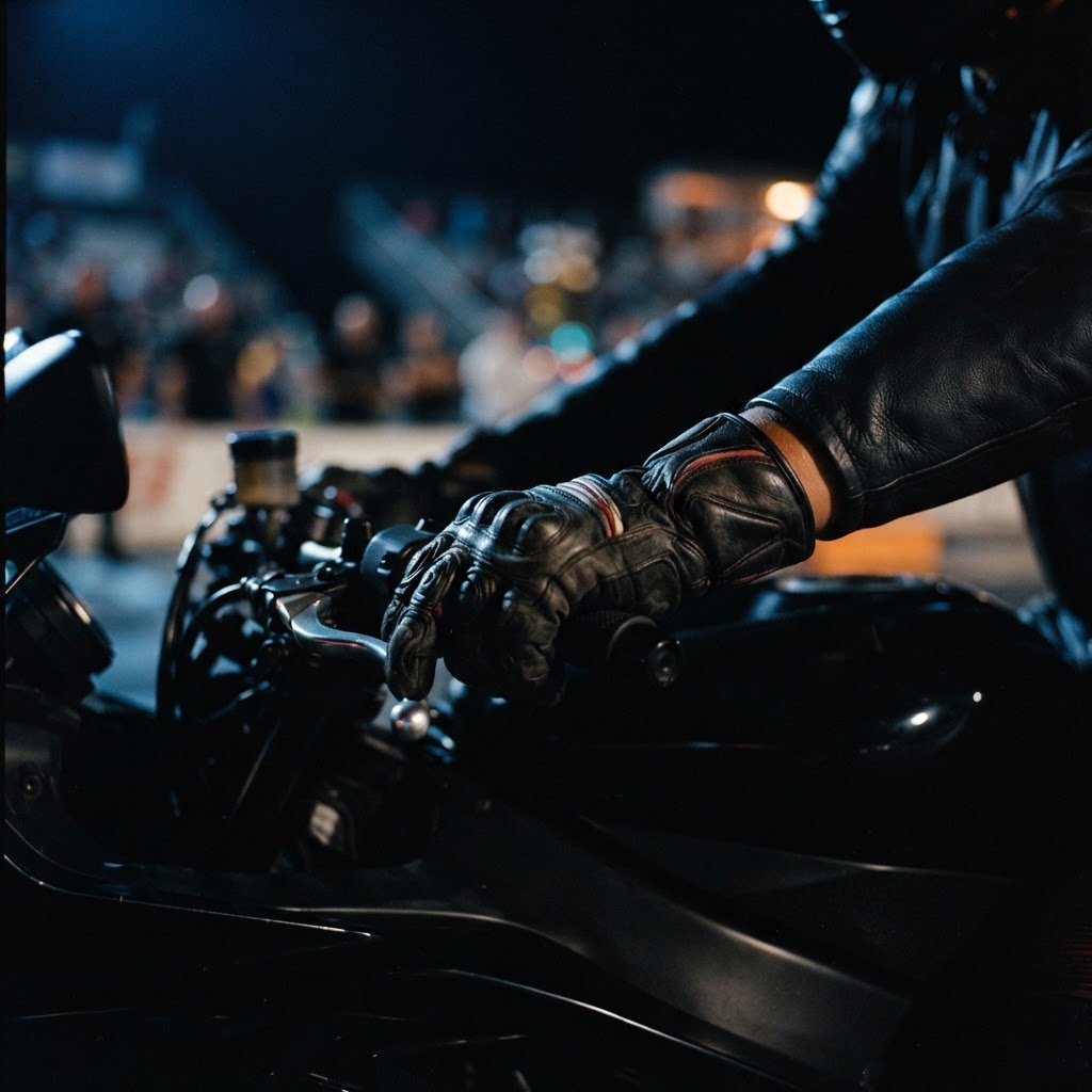 Detail ruky v rukavici na řídítkách motorky