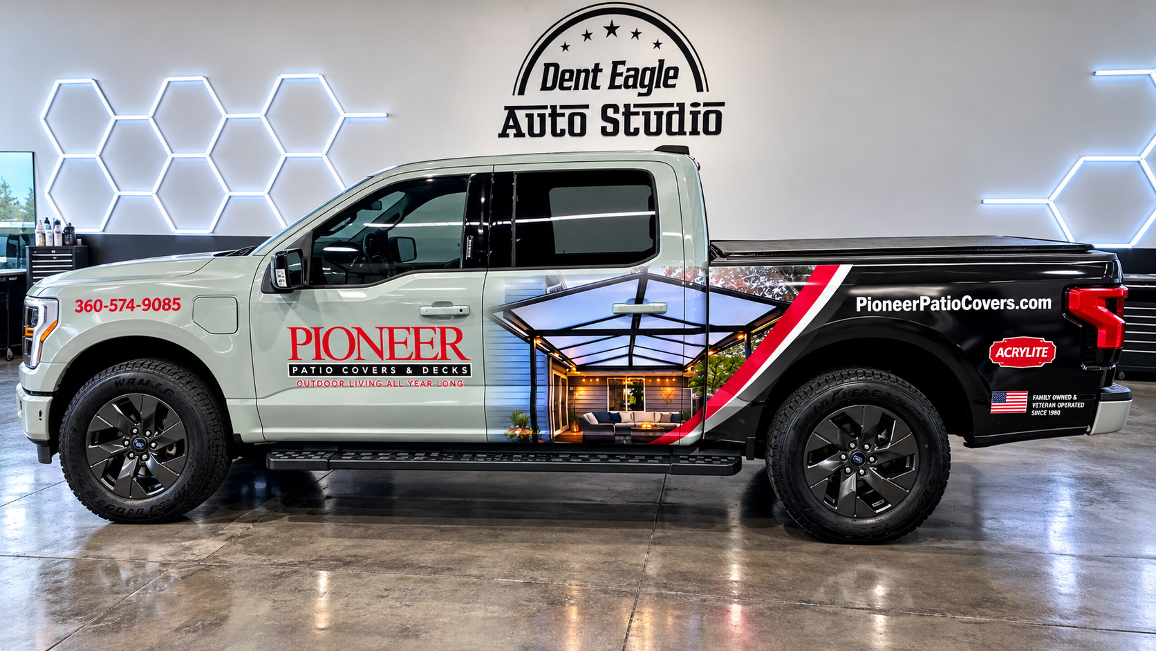Pioneer Patio Covers & Decks — Ford F-150 — commercial vehicle wrap by Auto Studio in Vancouver, WA
