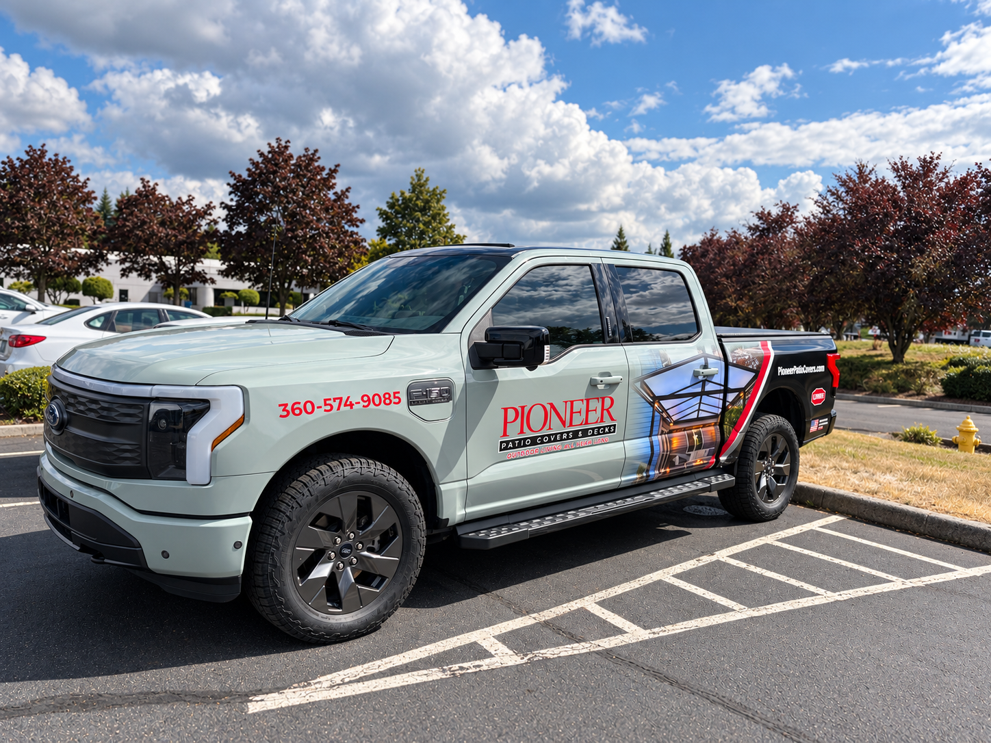 Pioneer Patio Covers & Decks — Ford F-150 Lightning — commercial vehicle wrap by Auto Studio in Vancouver, WA