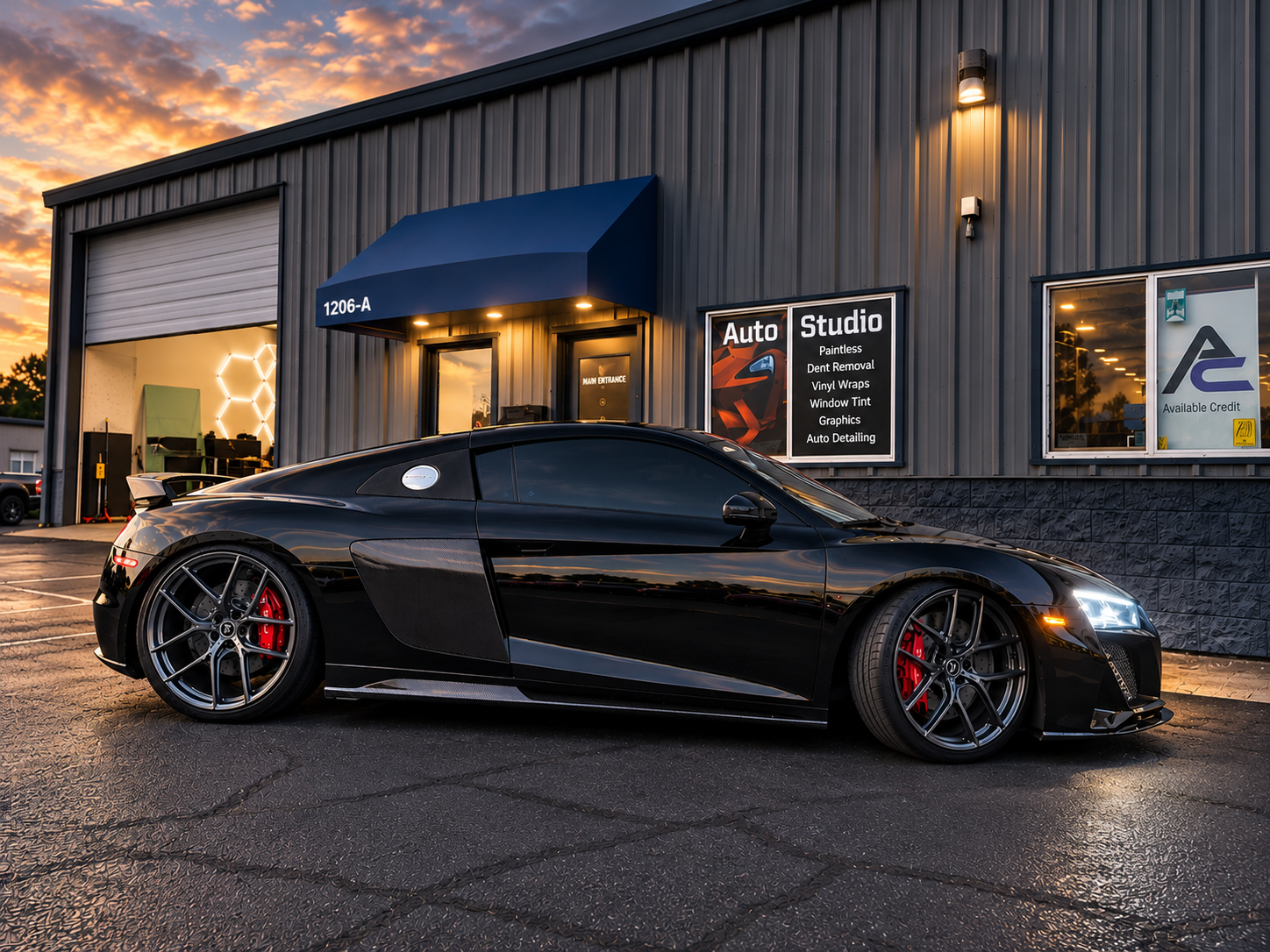 Gloss black Audi R8 parked in front of the Auto Studio shop in Vancouver, WA at sunset