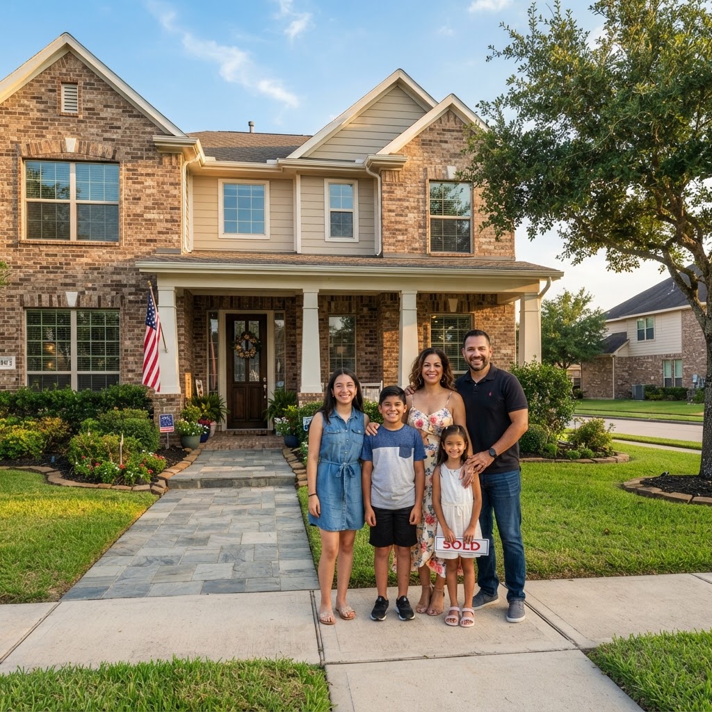 Hispanic family in front of their new Houston home