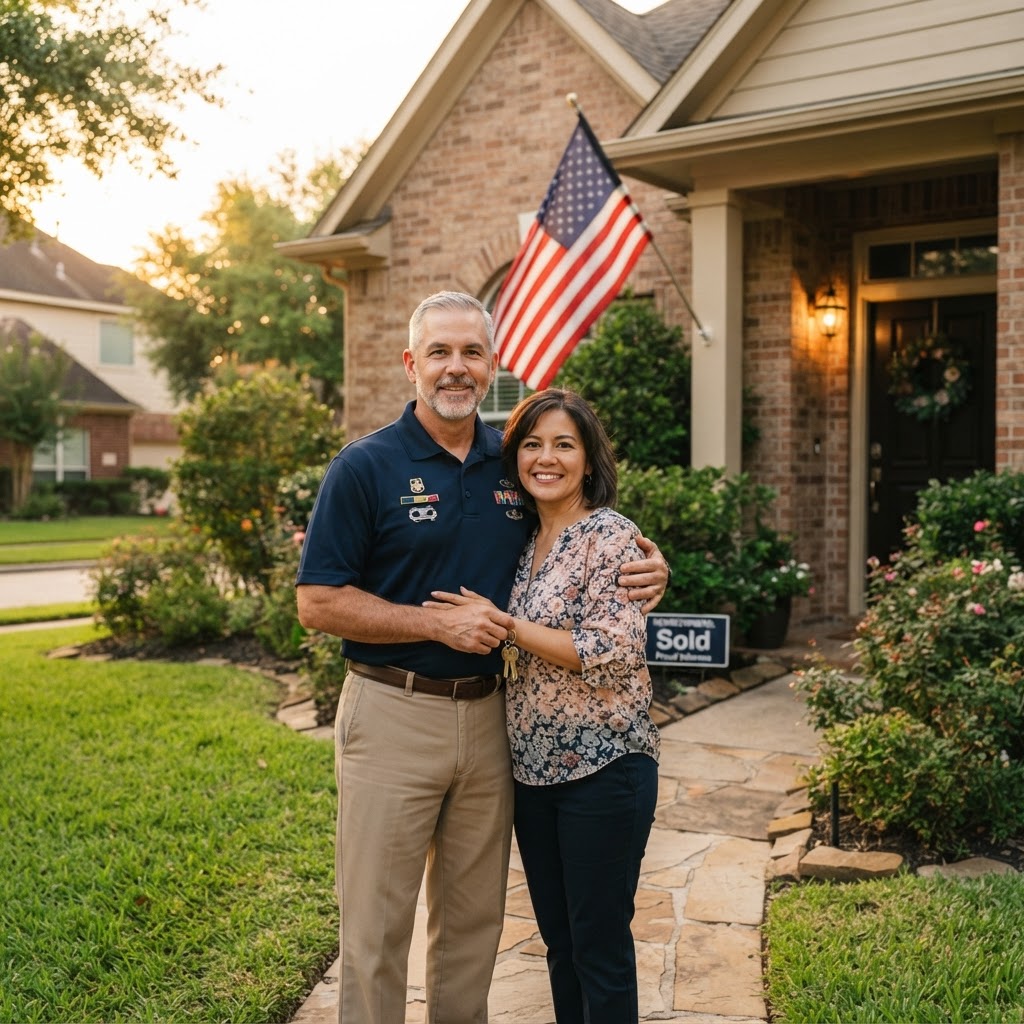 Veteran in front of their new Houston home