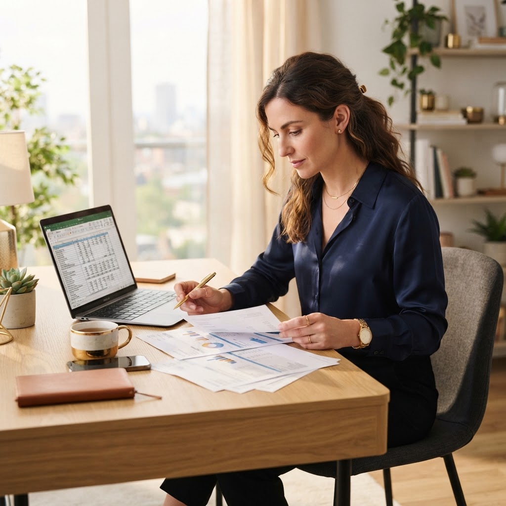 Self-employed business owner reviewing finances