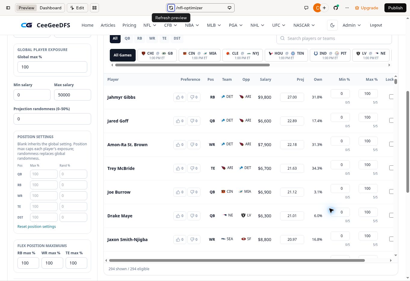 Actual NFL Optimizer player pool, preferences, exposure controls and build settings