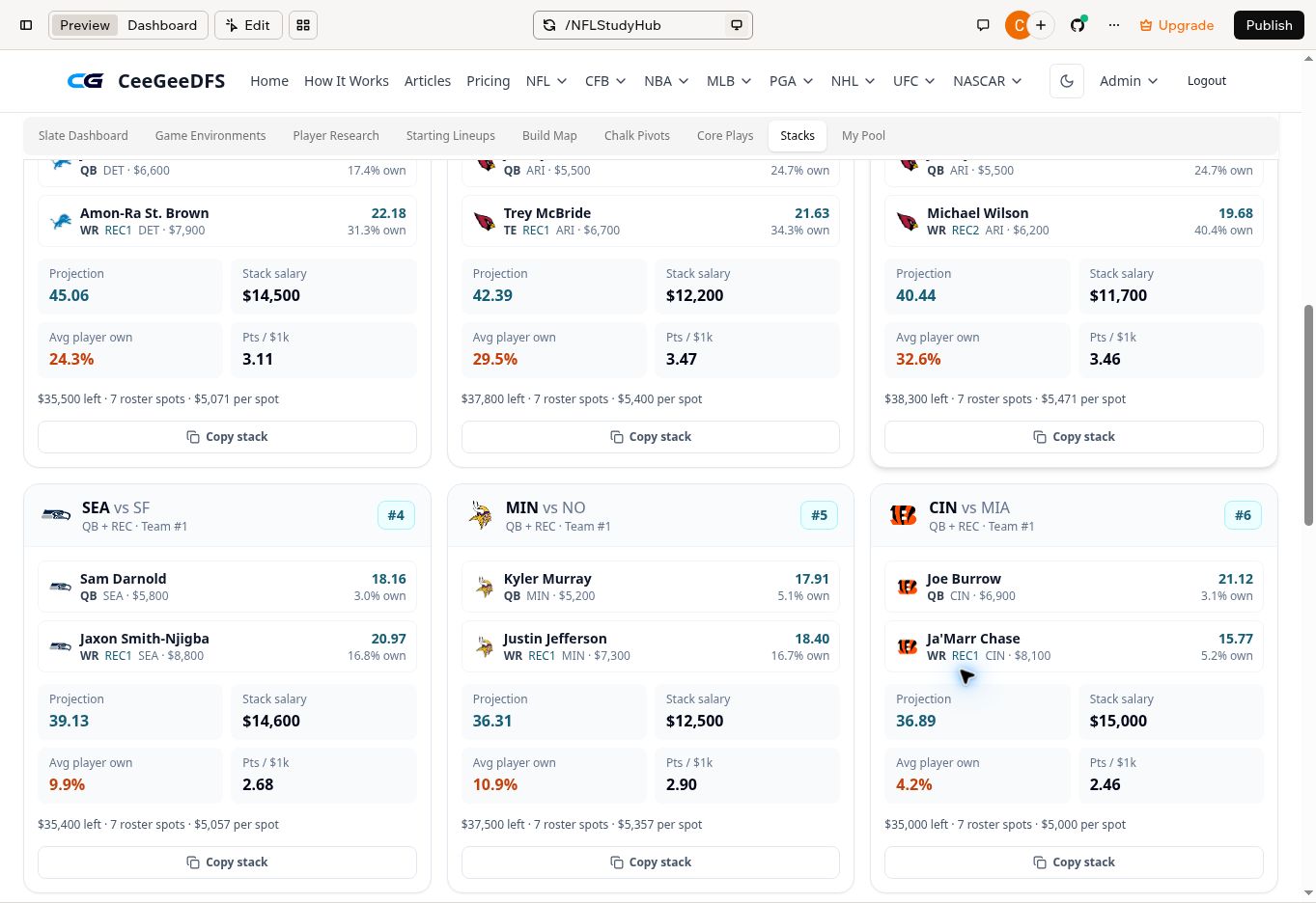Actual NFL Stacks interface with stack sizes, contest profiles and bring-back controls