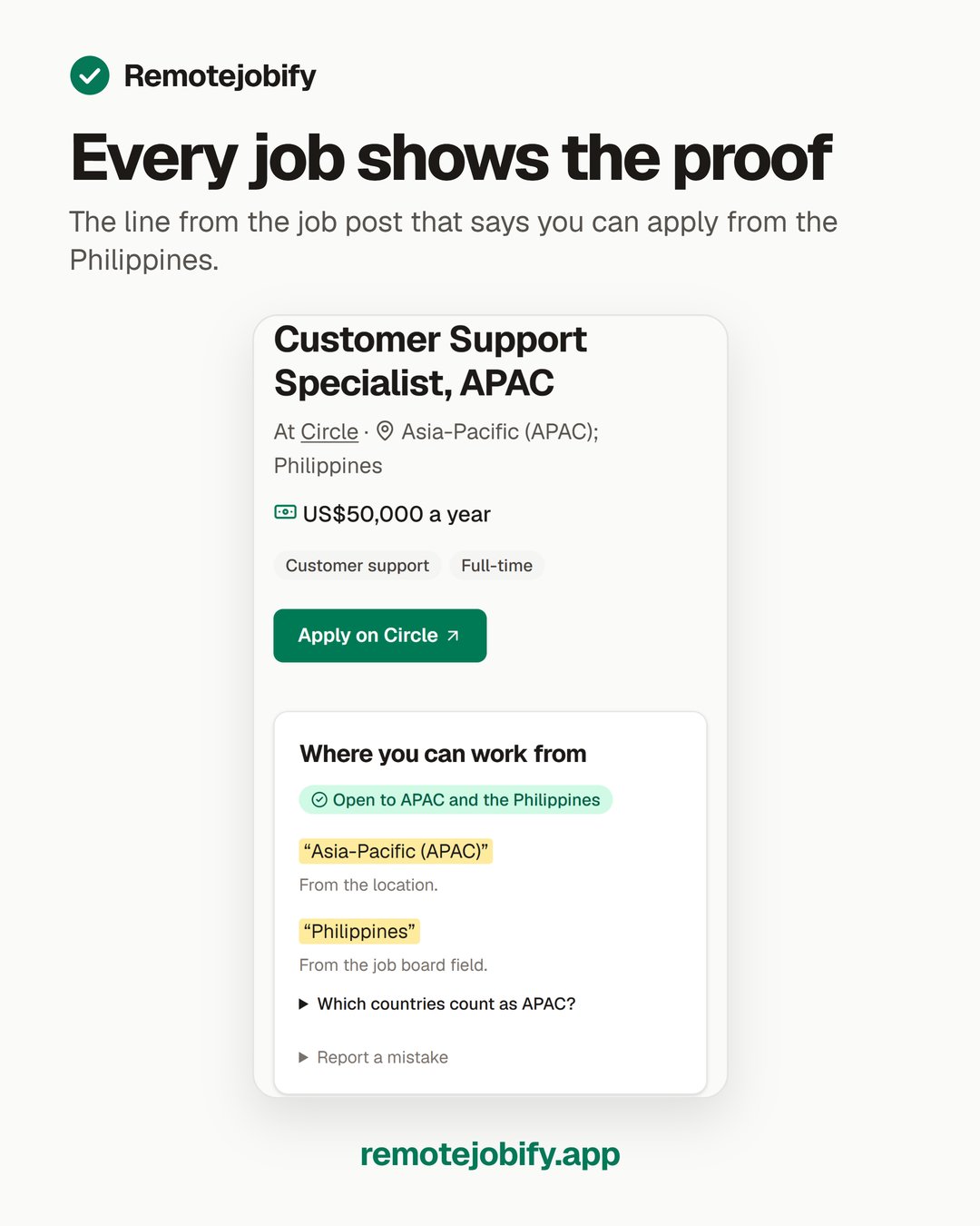 Remotejobify proof — every job shows the line from the job post that says you can apply from the Philippines