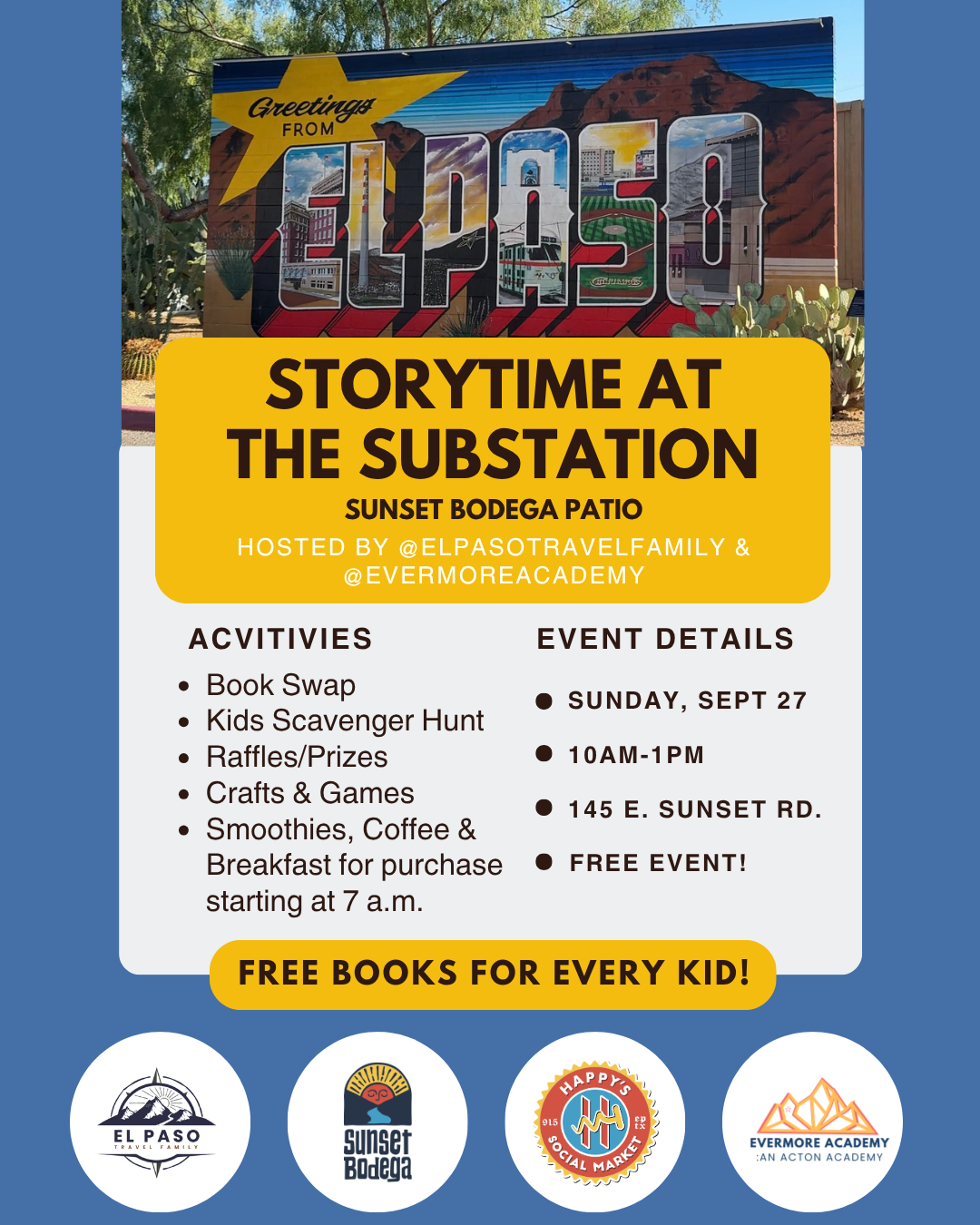 Storytime at the Substation flyer — Sunday Sept 27, 10AM–1PM, 145 E. Sunset Rd. Free event