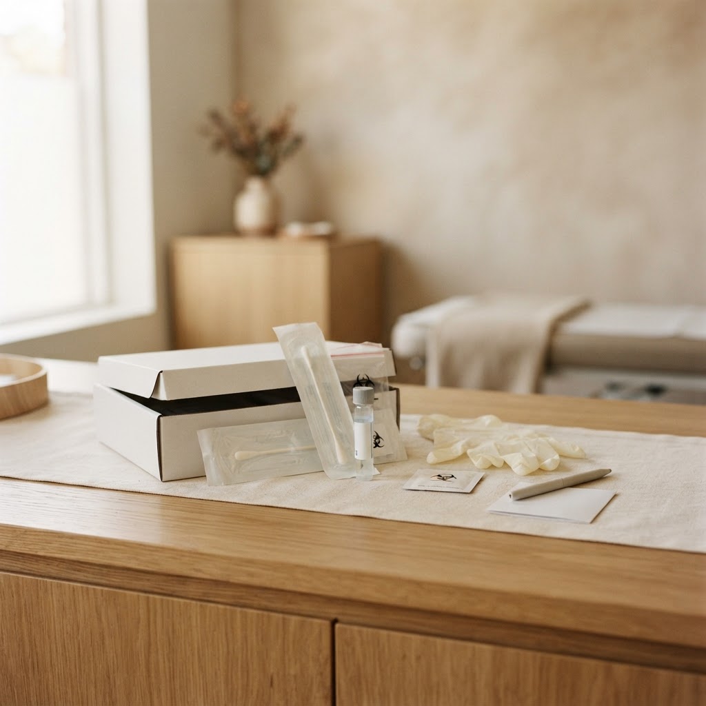 Discreet specimen kit and testing materials on a neutral counter