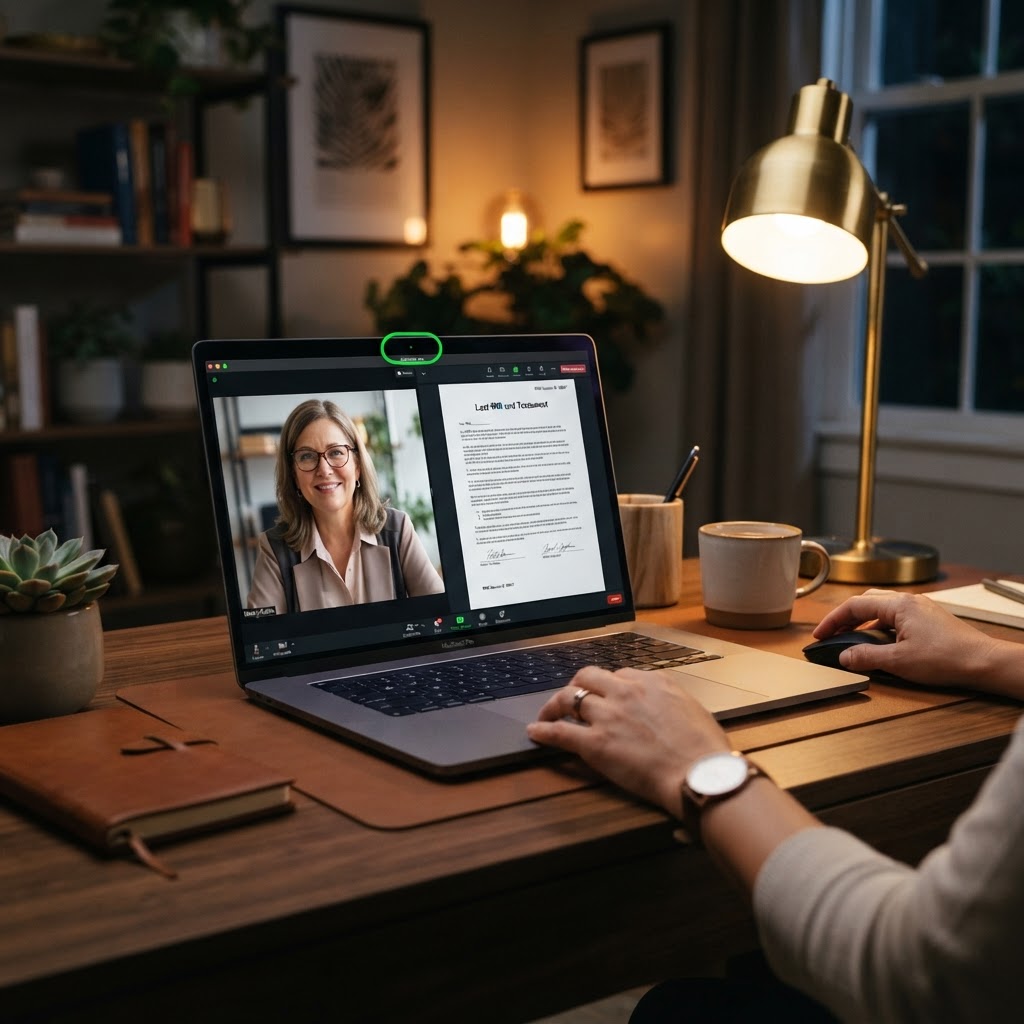 Laptop showing a live remote online notary video call