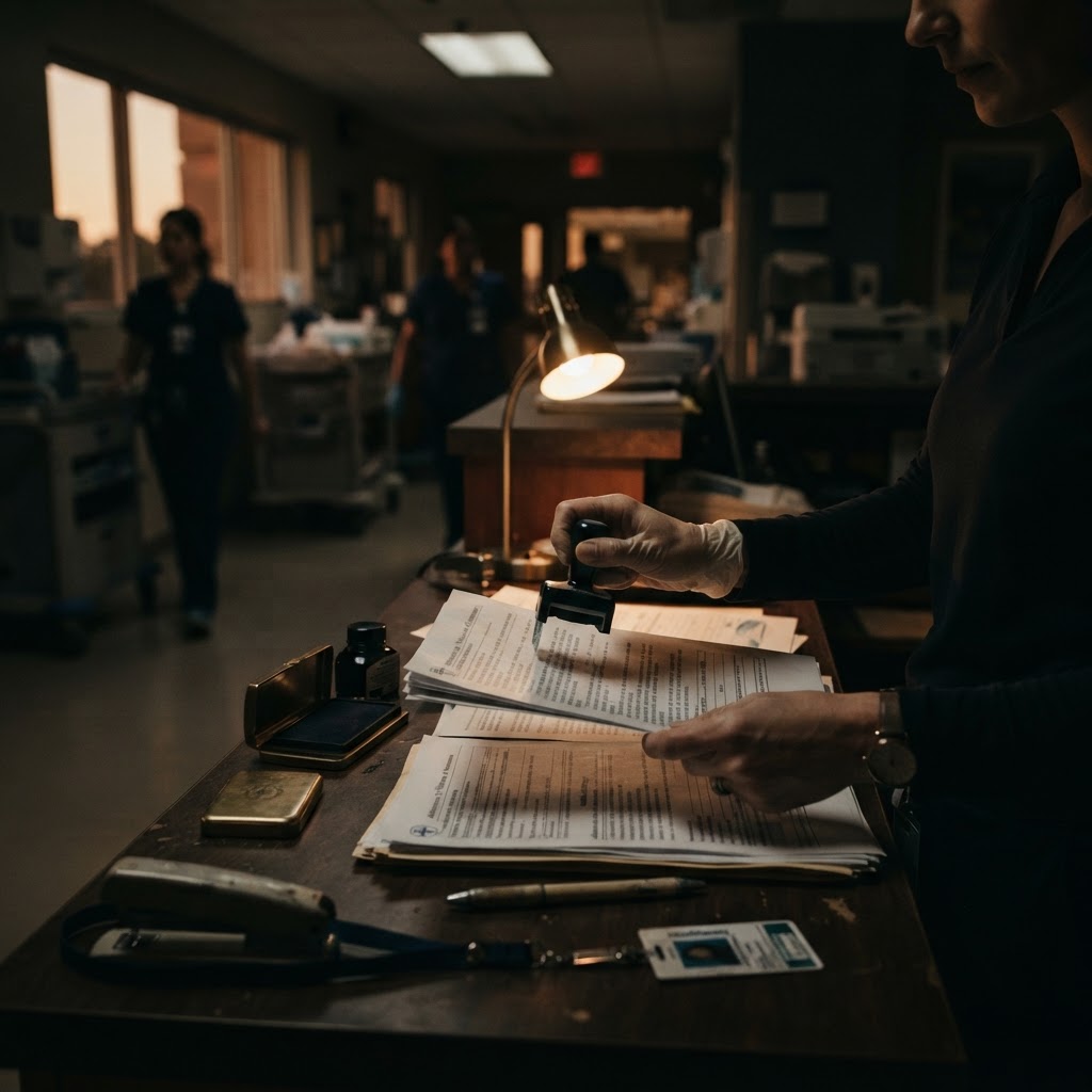 Notary reviewing documents at a bright hospital nurses station