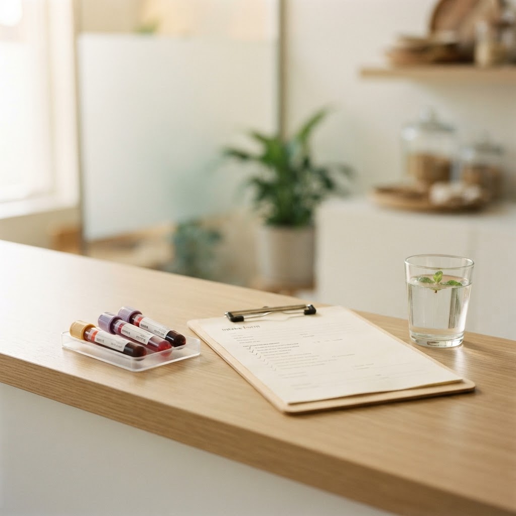 Sealed blood collection tubes beside a wellness intake clipboard