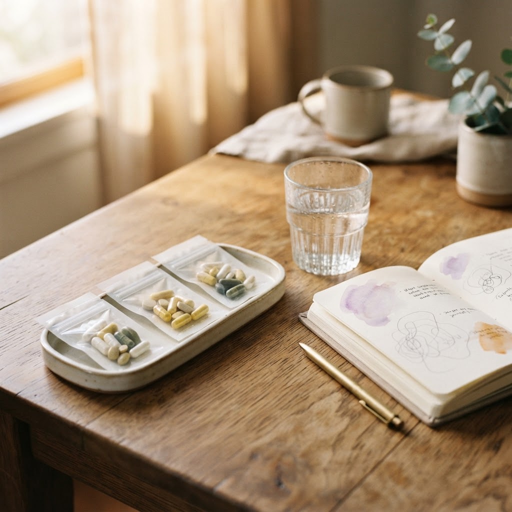 Daily supplement packs beside water and a journal on a sunlit table