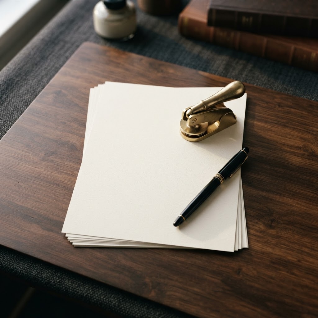 Professional notary stamp and signed documents on a desk