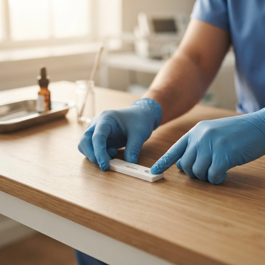 Clinician placing a rapid lateral-flow test cassette on a clean desk