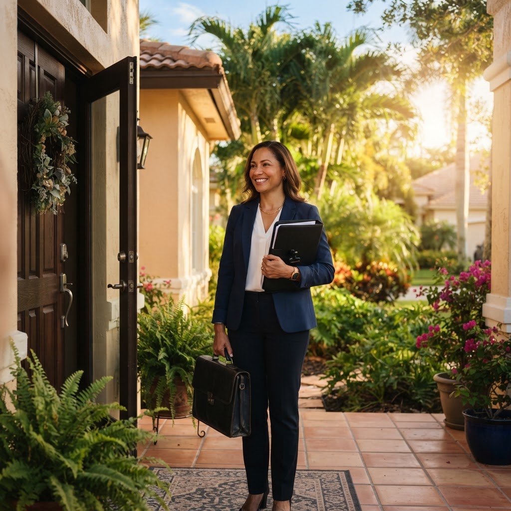 Mobile notary arriving at a Florida home with a document folder