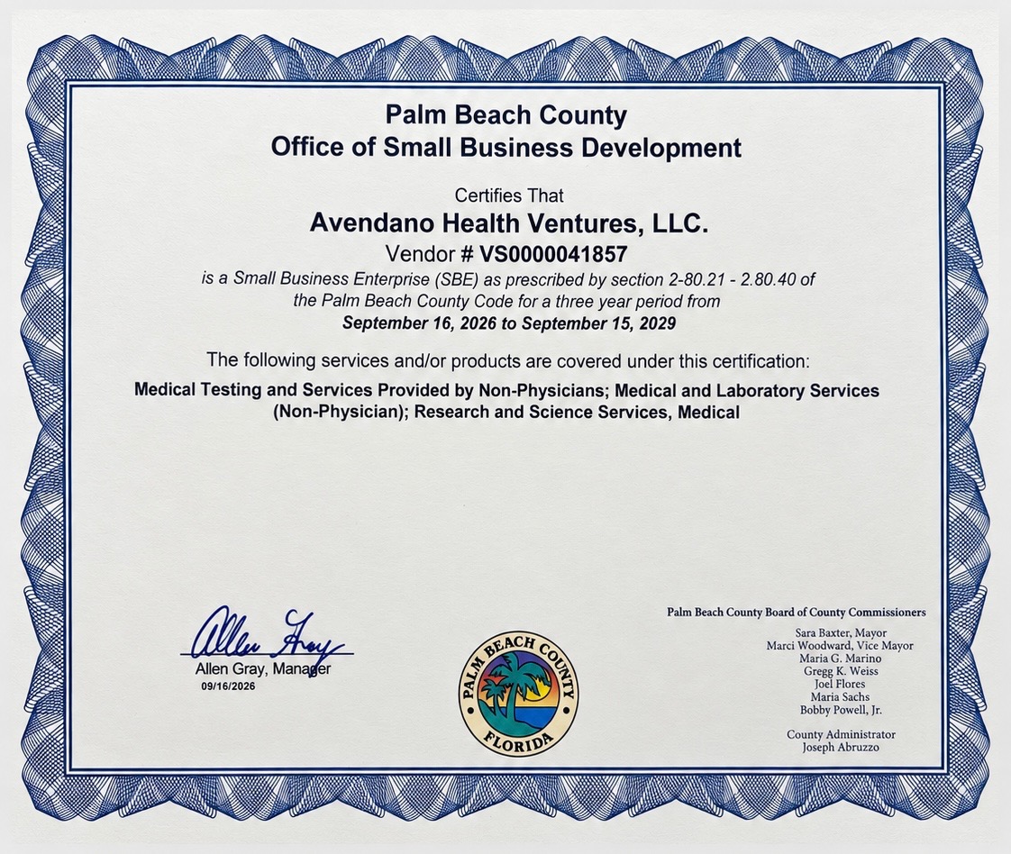 Palm Beach County SBE certification diploma — Avendano Health Ventures, LLC.
