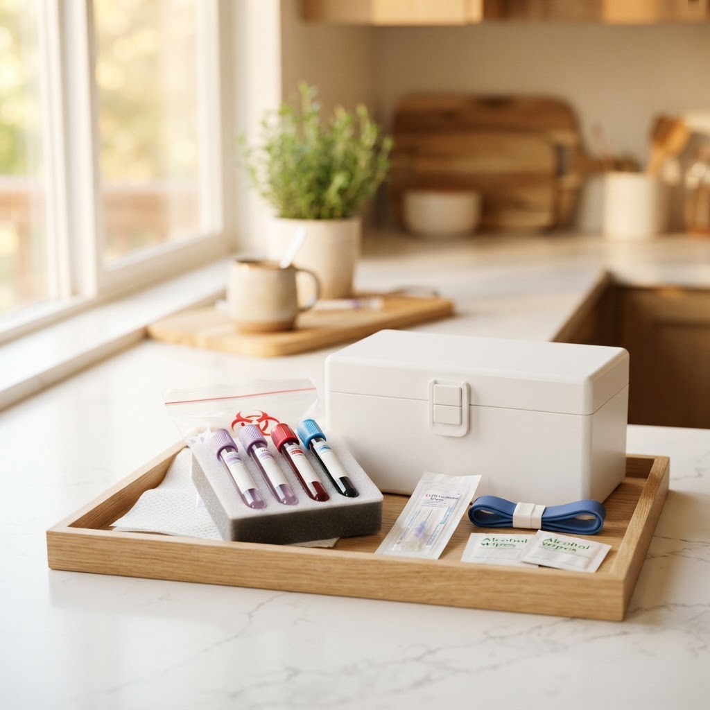 Mobile phlebotomy specimen kit on a home kitchen counter