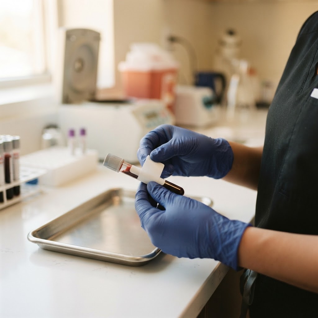 Phlebotomist labeling a blood collection tube at a lab station
