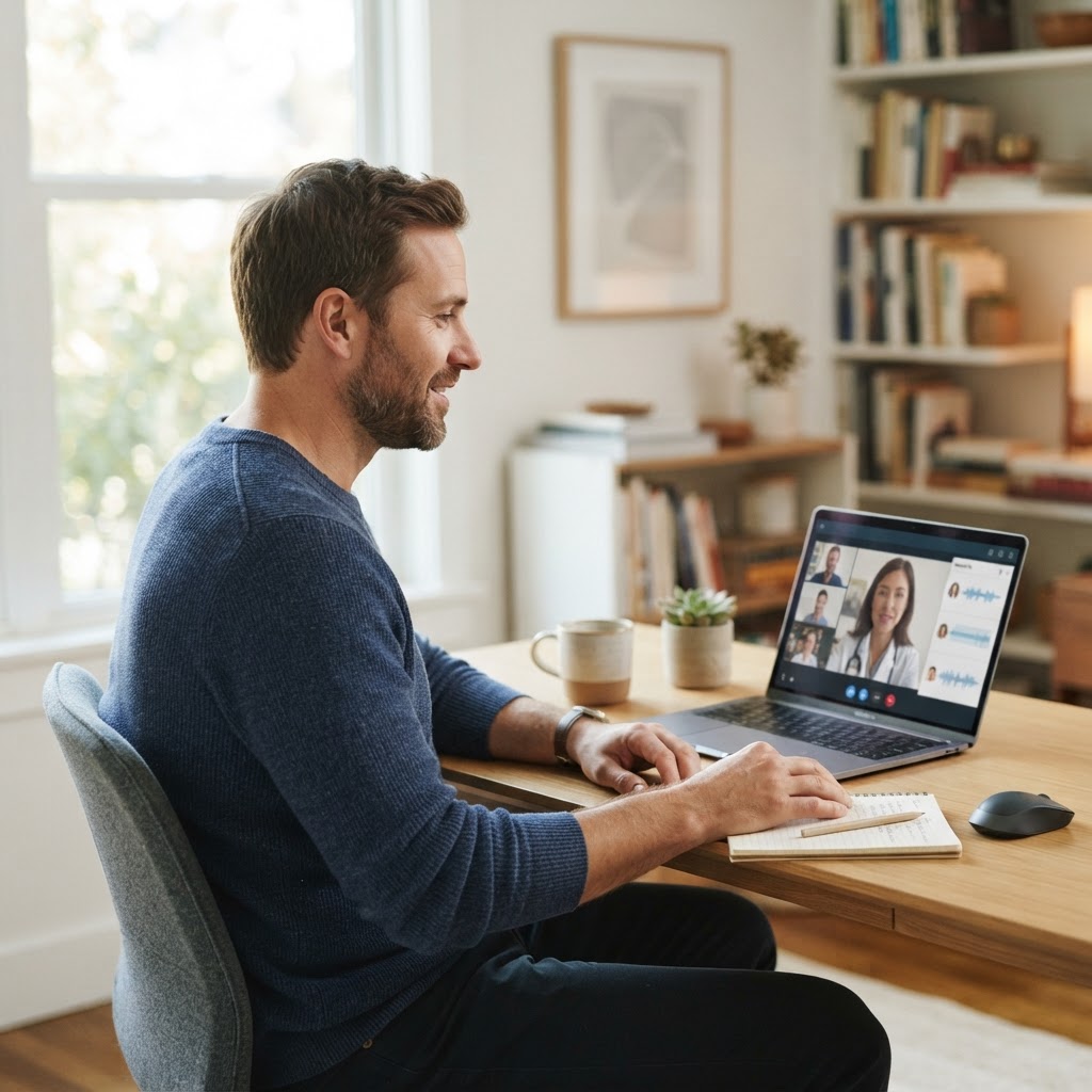 Man at a home workspace on a laptop for a telehealth consultation, viewed from a side angle