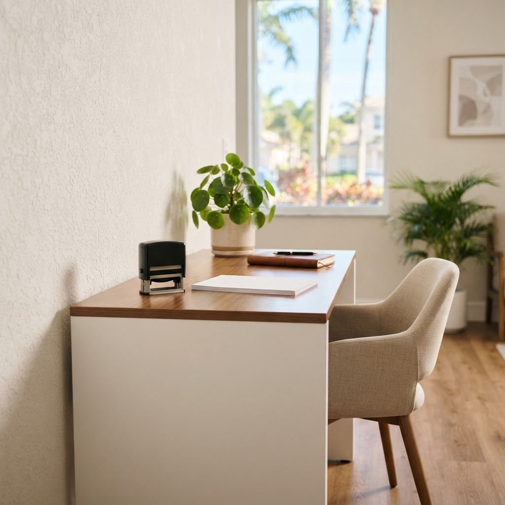 Notary office desk with an official notary seal stamp and documents