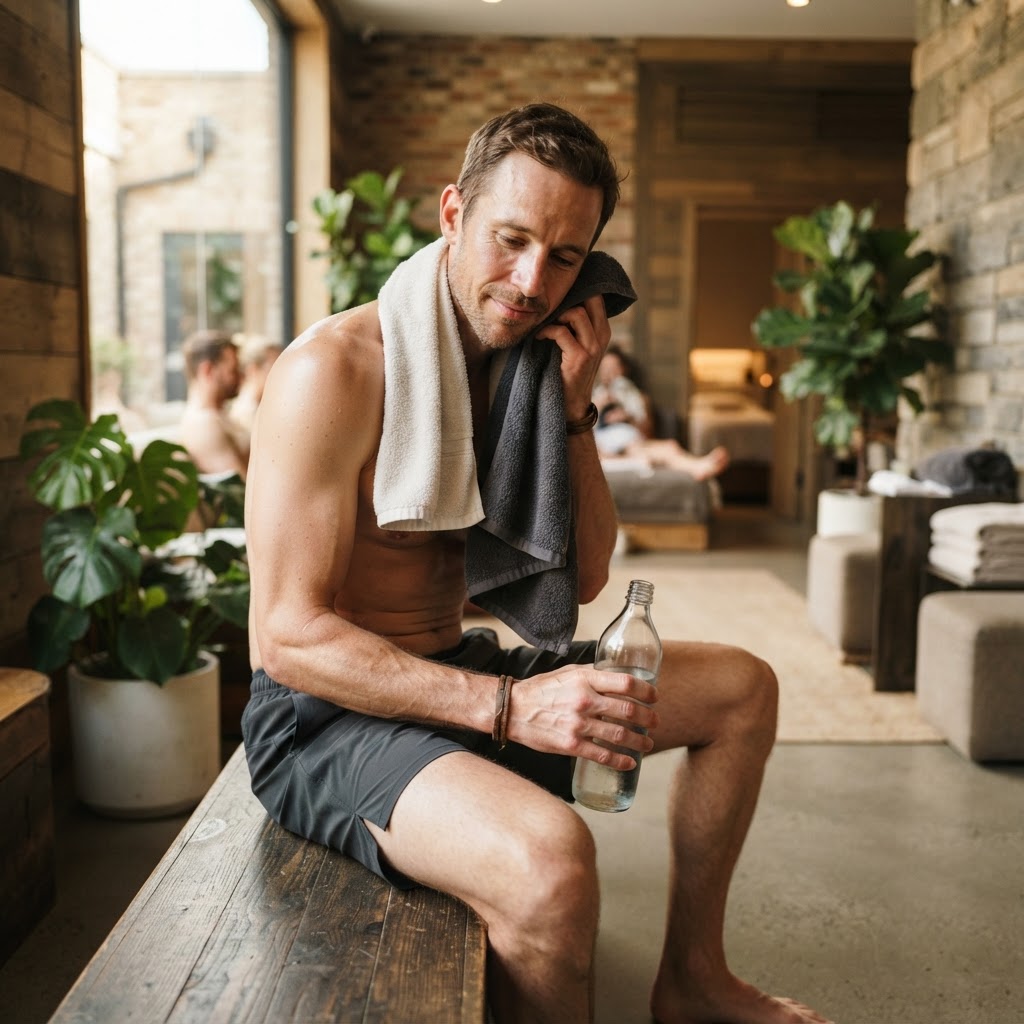 Active adult stretching after exercise in a sunlit space — cellular energy and recovery Boca Raton