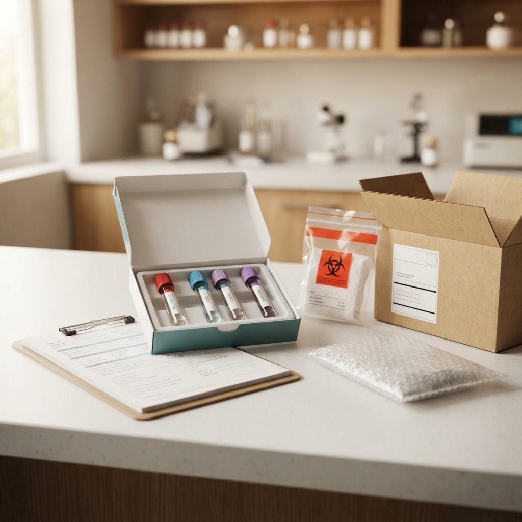Specialty test kit with sealed specimen tubes and shipping supplies