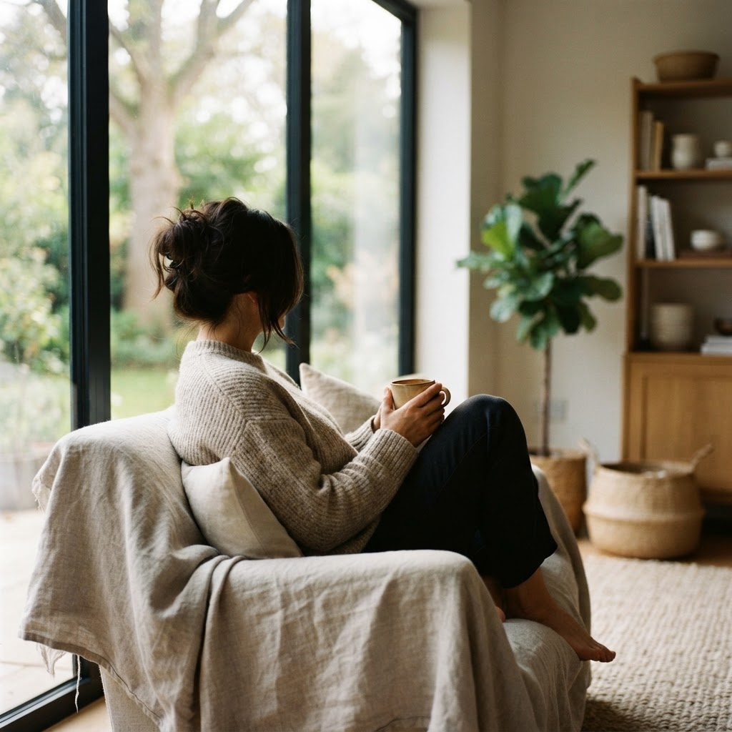 Relaxed adult sitting by a bright window in a calm living room
