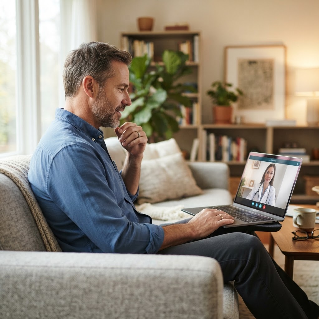 Man on a laptop during a virtual urgent care visit at home, viewed from a side angle