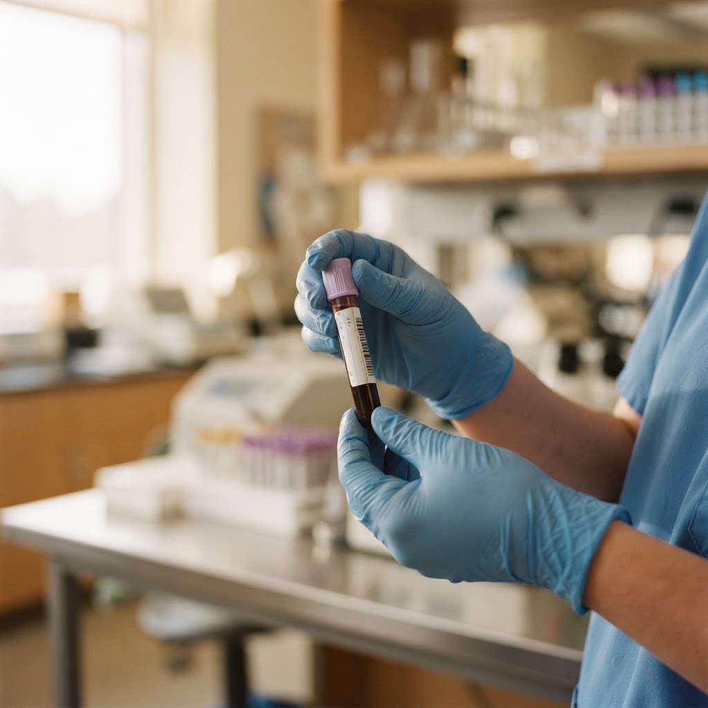 Phlebotomist preparing a specimen tube in a modern lab