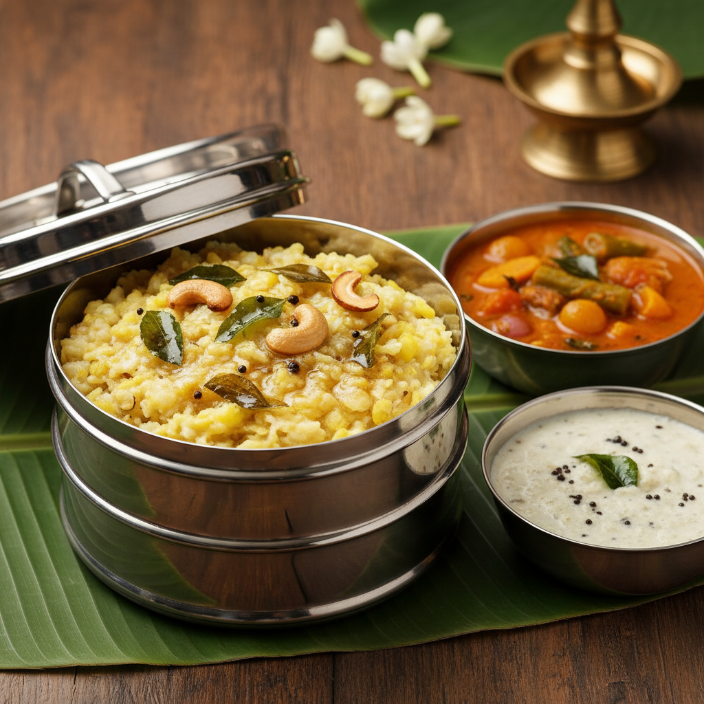Pongal & Sambar Pongal with sambar and coconut chutney – South Indian breakfast tiffin delivered in Kitchener, ON