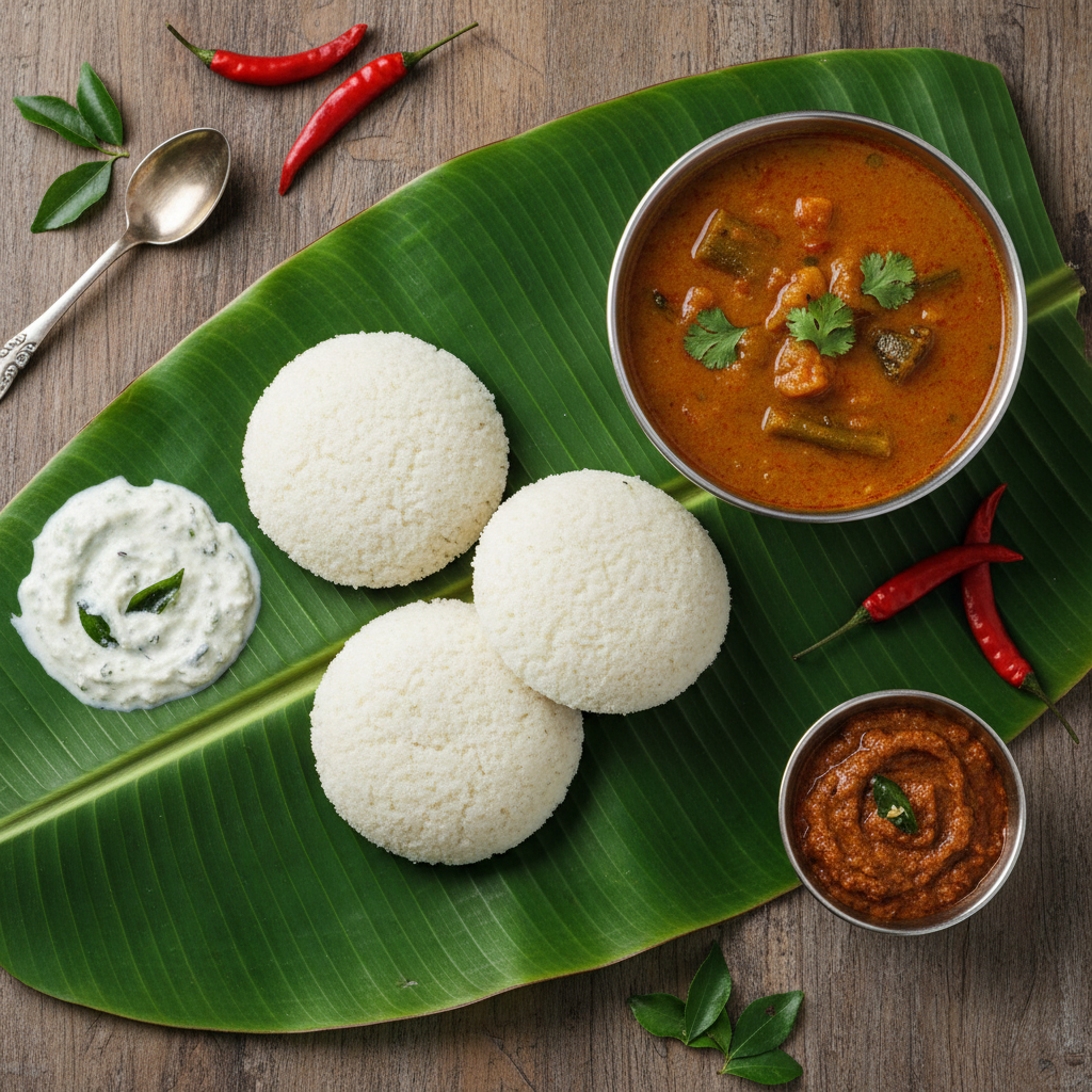 Rava Idly Rava Idly with coconut chutney and sambar – South Indian tiffin breakfast in Kitchener-Waterloo