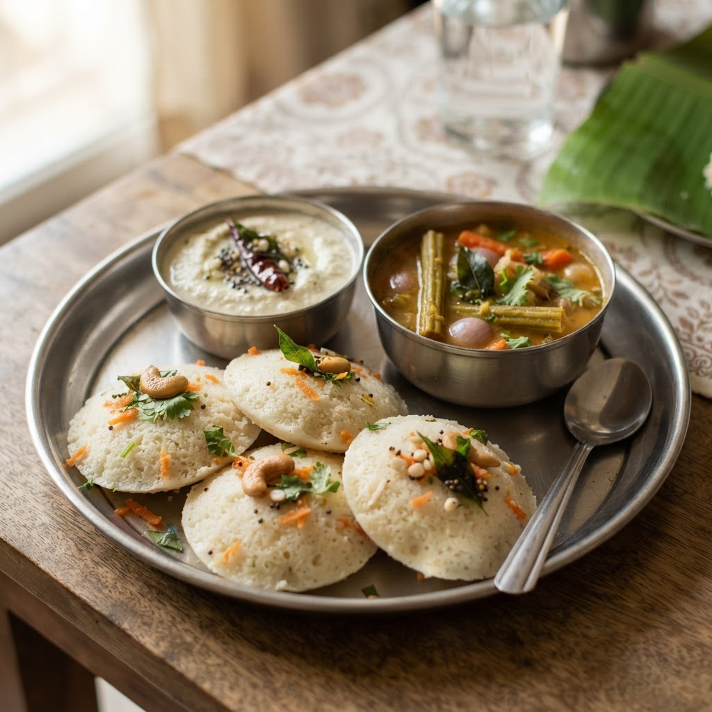 Rava Idly with coconut chutney and sambar – South Indian tiffin breakfast in Kitchener-Waterloo