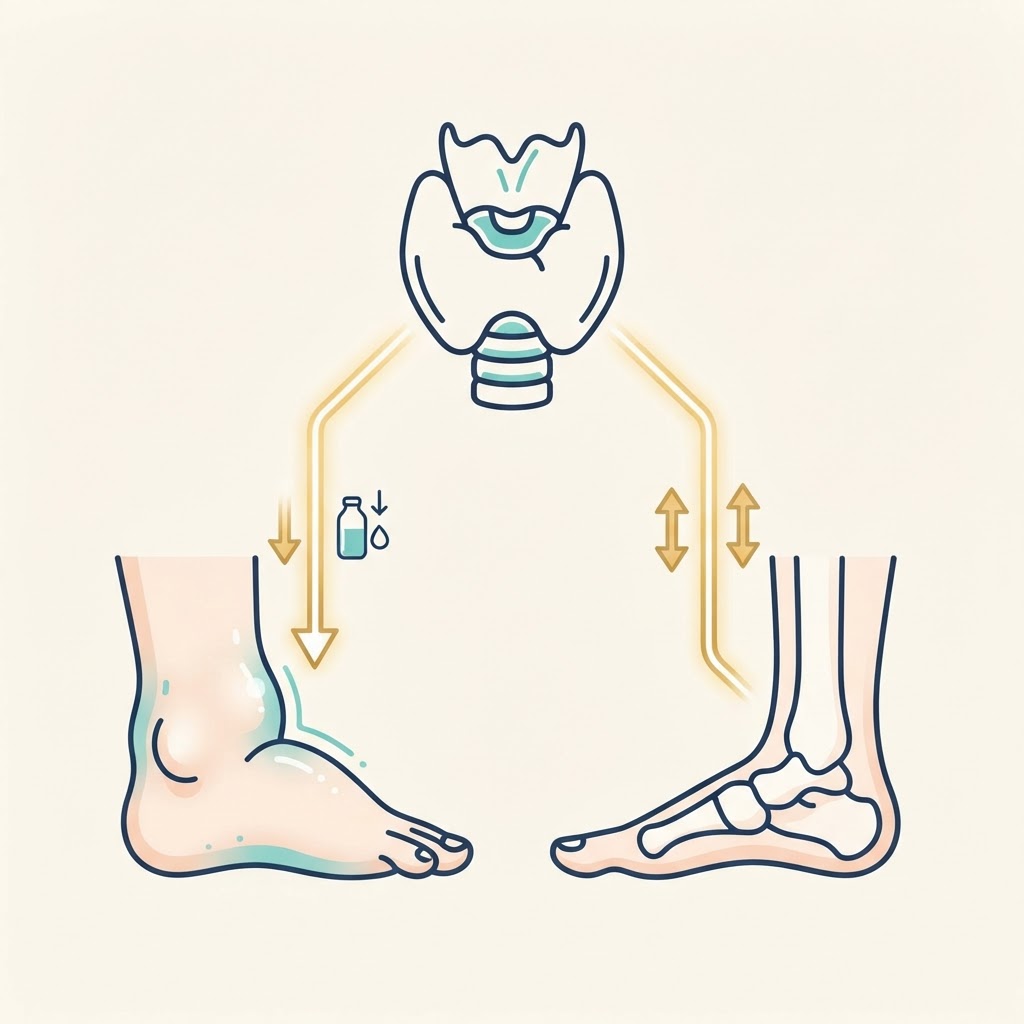 Thyroid gland connected to the ankles, fluid balance moving from puffy to normal
