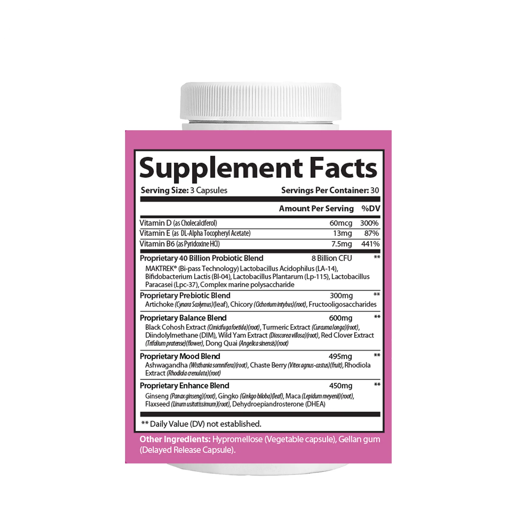 MenoThrive Supplement Facts Panel, full ingredient list and dosages