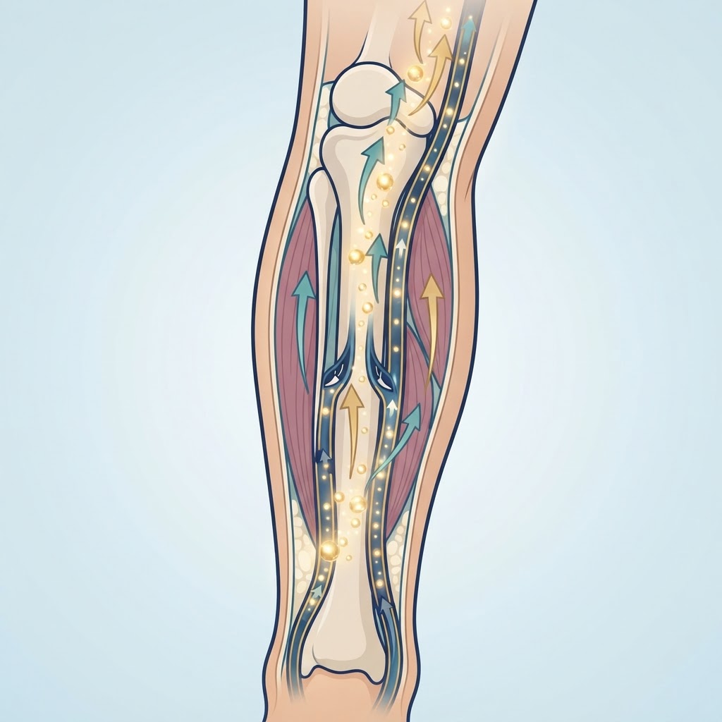 Mineral particles flowing into leg veins to spark healthy upward circulation