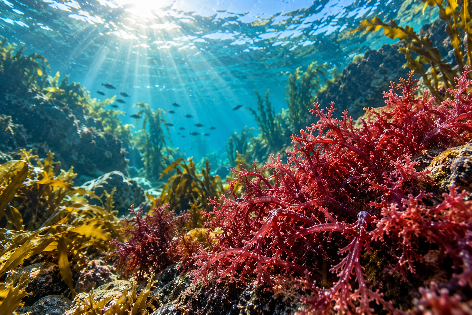 Sunlit kelp and sea moss forest on the ocean floor