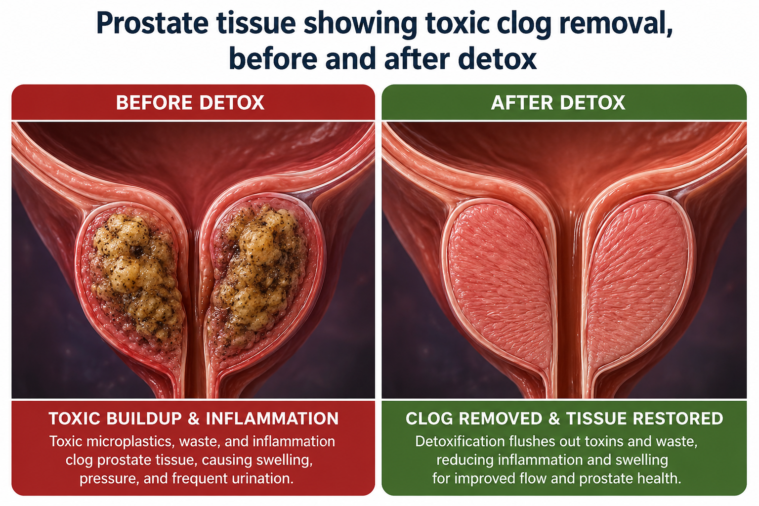 Prostate tissue showing toxic clog removal, before and after detox