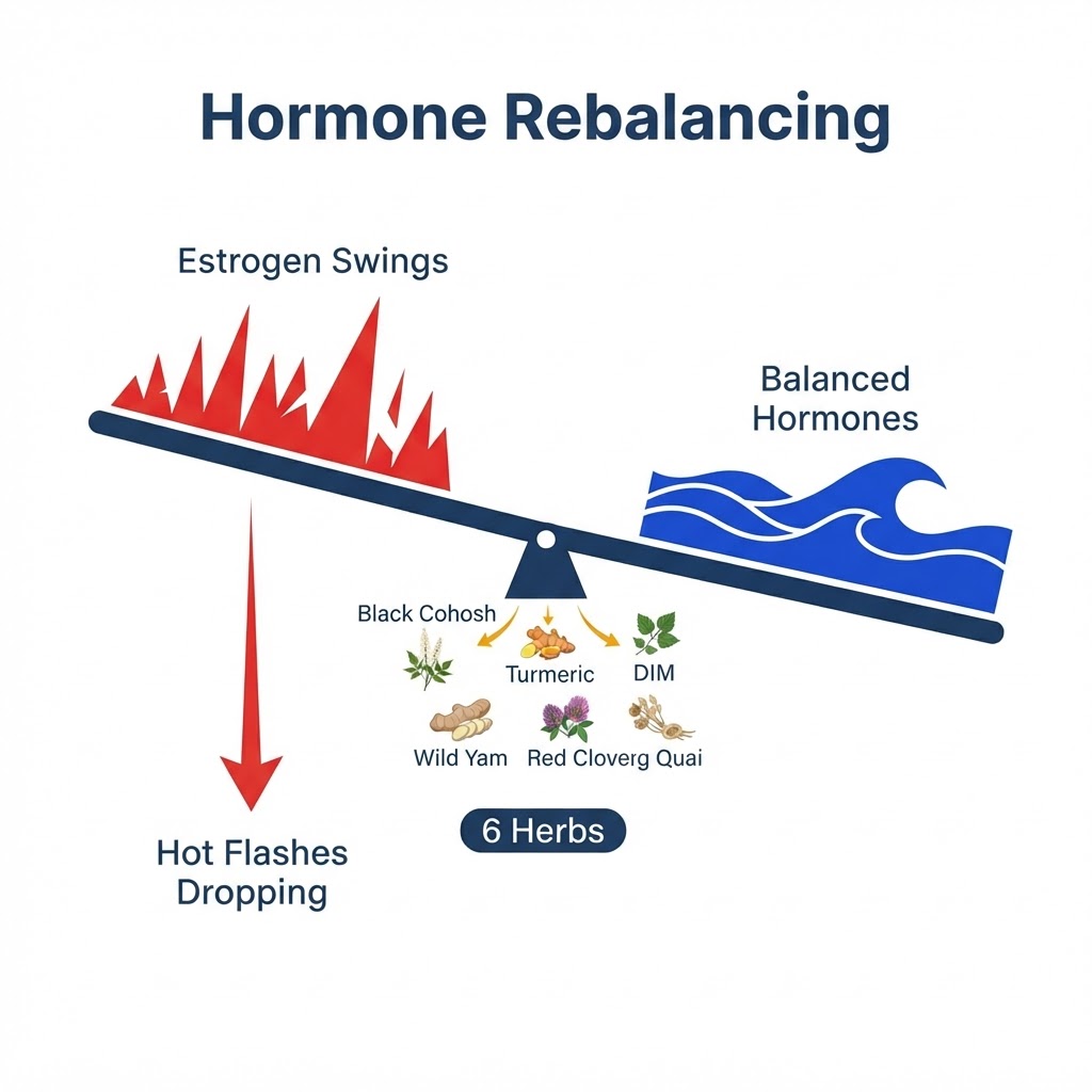 Phase 3 hormone rebalancer: six herbs including Black Cohosh, DIM and Red Clover smooth out estrogen swings and reduce hot flash frequency