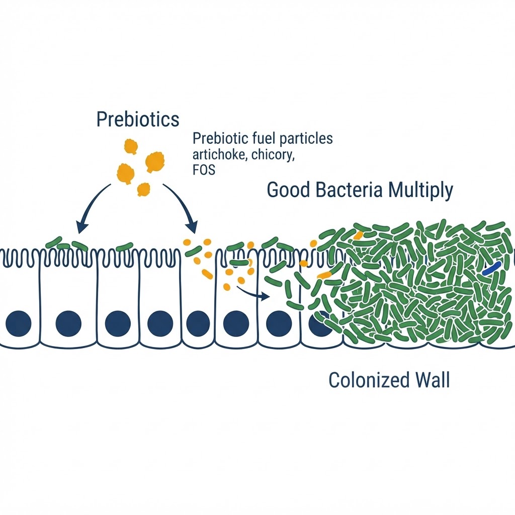 Phase 2 prebiotic fuel: artichoke, chicory and fructooligosaccharides feed the good bacteria so they multiply and colonize the gut wall