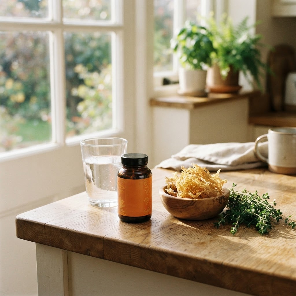 Sea Moss+ bottle on a sunlit kitchen counter