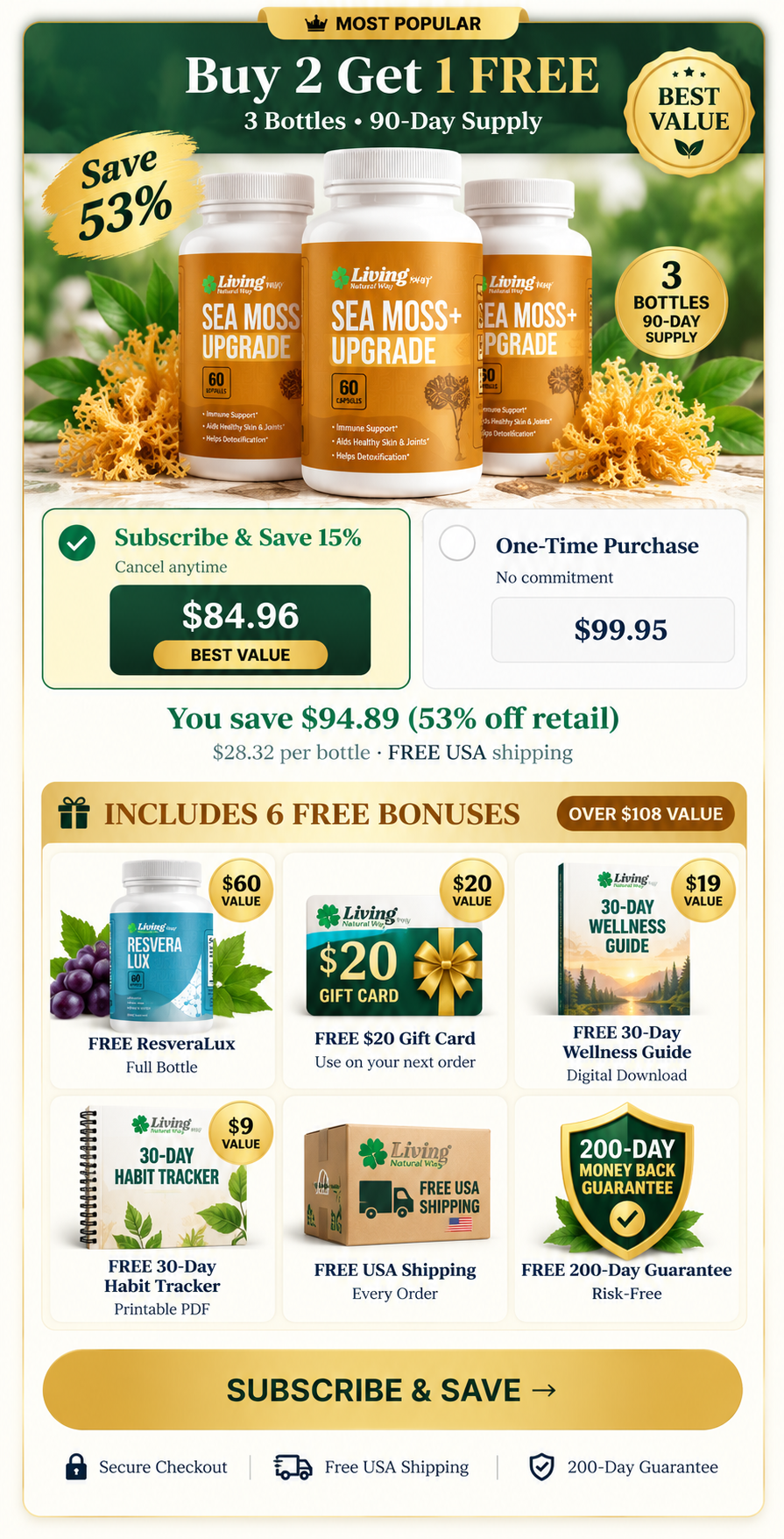 Most Popular: Buy 2 Get 1 FREE, 3 Bottles, 90-Day Supply, Save 53%