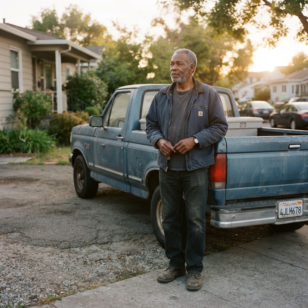 An older African American man beside a pickup truck in warm evening light