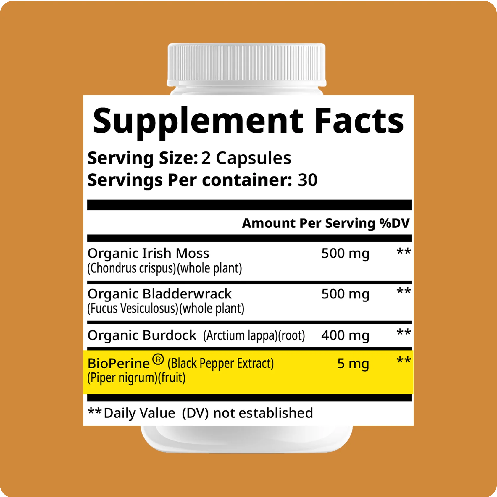Sea Moss+ Supplement Facts label showing Organic Irish Moss 500mg, Bladderwrack 500mg, Burdock 400mg, and BioPerine 5mg
