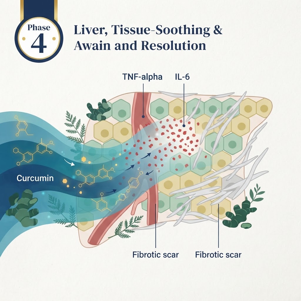 Phase 4 Inflammation Quencher diagram: curcumin, ginger and yarrow cool the TNF-alpha and IL-6 cytokines and relax fibrotic scar tissue