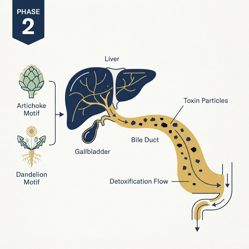 Phase 2 Bile Reactivator diagram: artichoke and dandelion stimulate bile flow to flush toxins and fat out of the liver through the bile duct