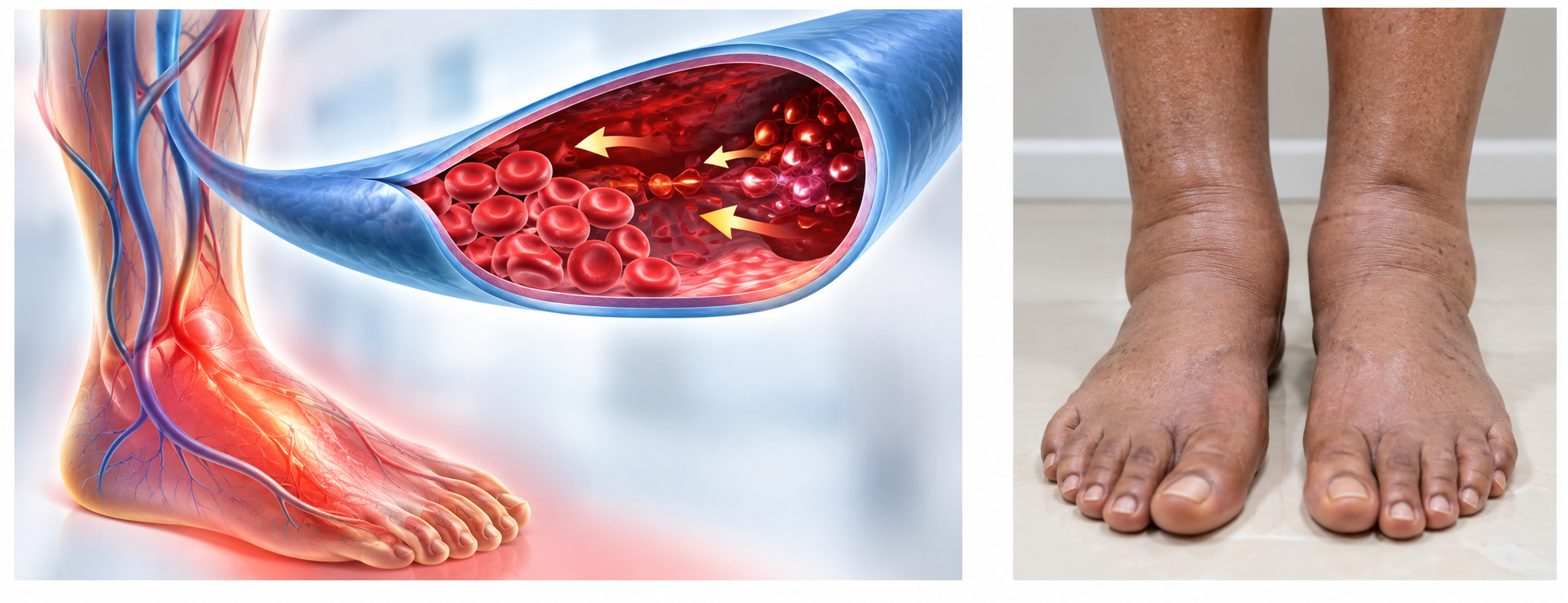 Anatomical illustration of leg veins and blood flow beside a clinical photo of swollen feet