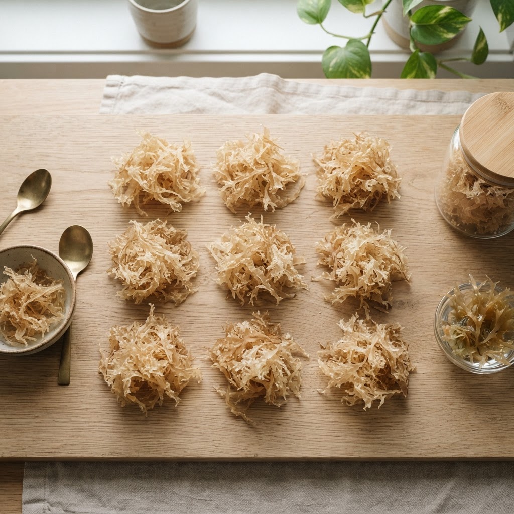 Fresh dried Irish sea moss arranged on a wooden surface