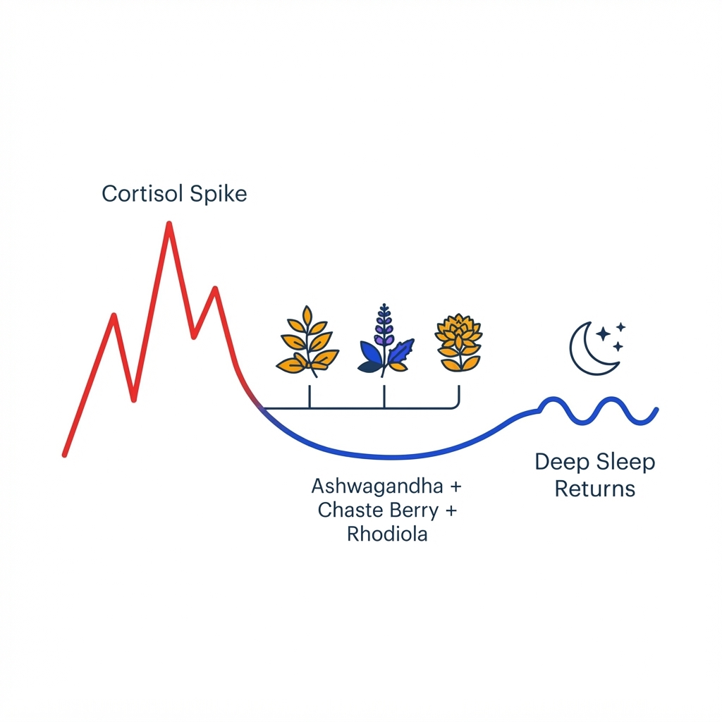 Phase 4 cortisol calmer: Ashwagandha, Chaste Berry and Rhodiola flatten cortisol spikes and restore deep, restful sleep