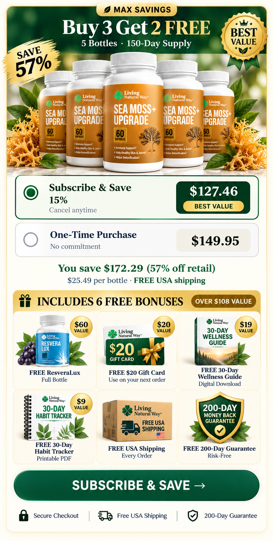 Max Savings: Buy 3 Get 2 FREE, 5 Bottles, 150-Day Supply, Save 57%