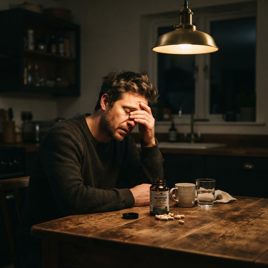 Exhausted man sitting at a kitchen table late at night with an open supplement bottle